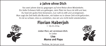 Traueranzeige von Florian Haberjoh von Märkische Oderzeitung