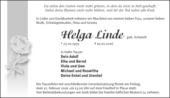 Traueranzeige von Helga Linde von Märkische Oderzeitung