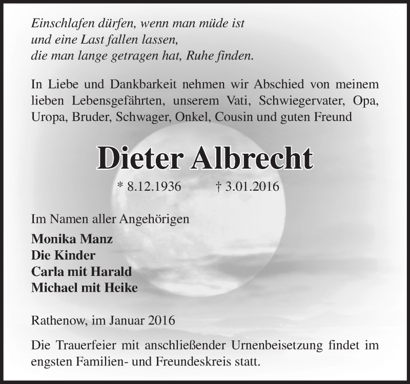 Traueranzeigen Von Dieter Albrecht Markische Onlinezeitung Trauerportal