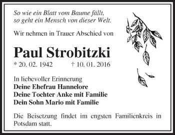 Traueranzeige von Paul Strobitzki von Märkische Oderzeitung