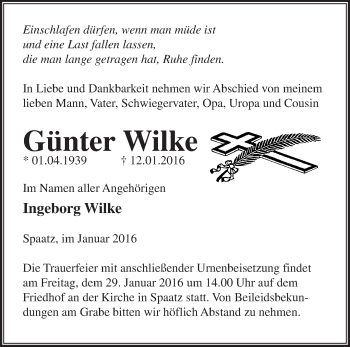 Traueranzeige von Günter Wilke von Märkische Oderzeitung