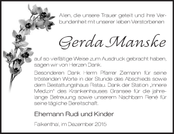 Traueranzeige von Gerda Manske von Märkische Oderzeitung