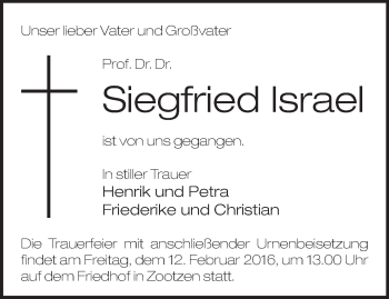 Traueranzeige von Siegfried Israel von Märkische Oderzeitung