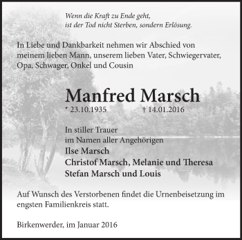 Traueranzeige von Manfred Marsch von Märkische Oderzeitung