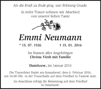 Traueranzeige von Emmi Neumann von Märkische Oderzeitung