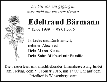 Traueranzeige von Edeltraud Bärmann von Märkische Oderzeitung