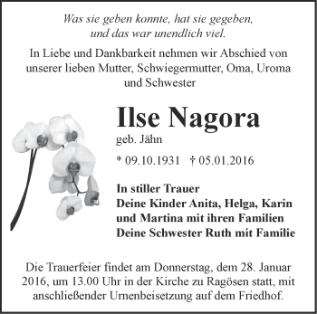 Traueranzeige von Ilse Nagora von Märkische Oderzeitung