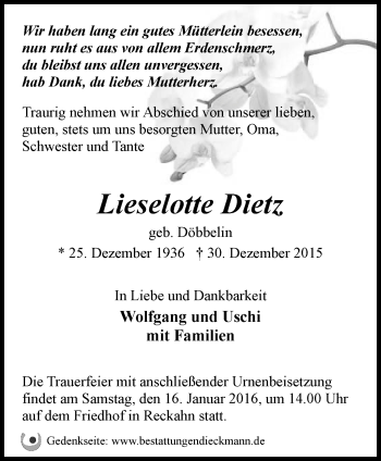 Traueranzeige von Lieselotte Dietz von Märkische Oderzeitung