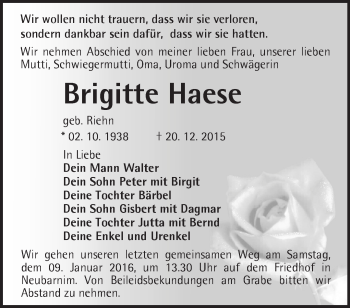 Traueranzeige von Brigitte Haese von Märkische Oderzeitung