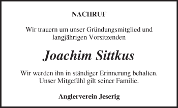 Traueranzeige von Joachim Sittkus von Märkische Oderzeitung