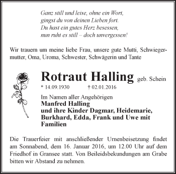 Traueranzeige von Rotraut Halling von Märkische Oderzeitung