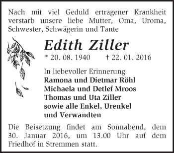 Traueranzeige von Edith Ziller von Märkische Oderzeitung