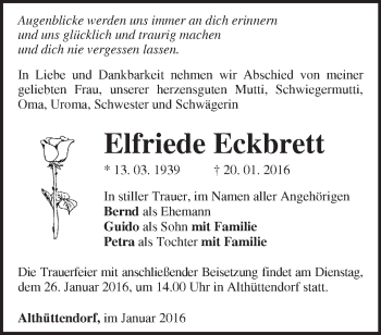 Traueranzeige von Elfriede Eckbrett von Märkische Oderzeitung