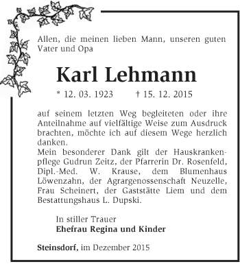 Traueranzeige von Karl Lehmann von Märkische Oderzeitung