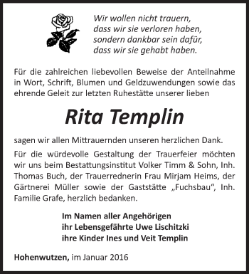 Traueranzeige von Rita Templin von Märkische Oderzeitung