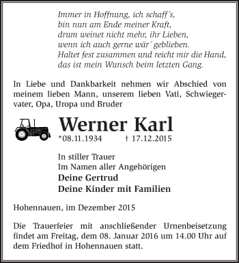 Traueranzeige von Werner Karl von Märkische Oderzeitung