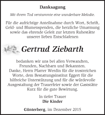 Traueranzeige von Gertrud Ziebarth von Märkische Oderzeitung