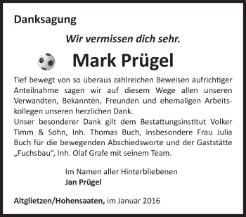 Traueranzeige von Mark Prügel von Märkische Oderzeitung