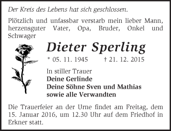 Traueranzeige von Dieter Sperling von Märkische Oderzeitung