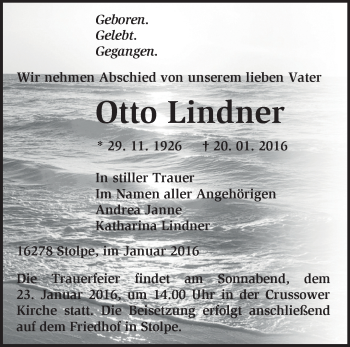 Traueranzeige von Otto  Lindner von Märkische Oderzeitung