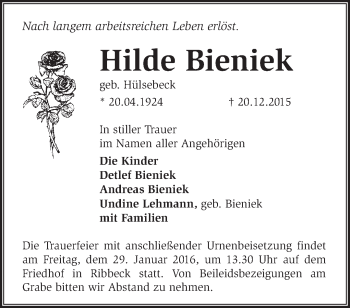 Traueranzeige von Hilde Bieniek von Märkische Oderzeitung