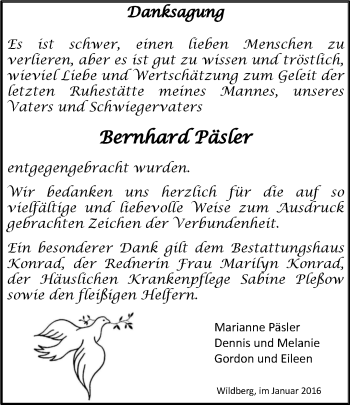 Traueranzeige von Bernhard Päsler von Märkische Oderzeitung