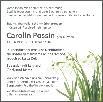 Traueranzeige von Carolin Possin von Märkische Oderzeitung