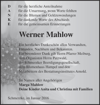 Traueranzeige von Werner Mahlow von Märkische Oderzeitung