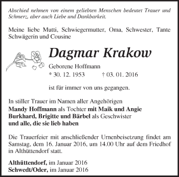 Traueranzeige von Dagmar Krakow von Märkische Oderzeitung