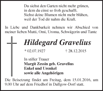 Traueranzeige von Hildegard Gravelius von Märkische Oderzeitung