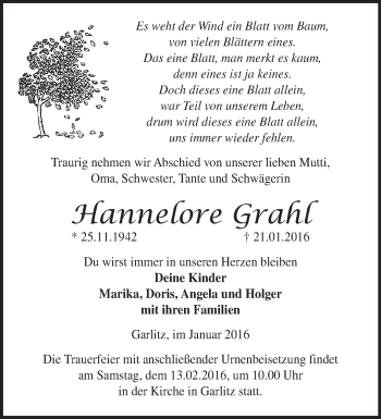 Traueranzeige von Hannelore Grahl von Märkische Oderzeitung