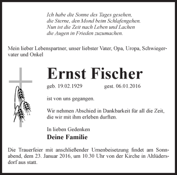 Traueranzeige von Ernst Fischer von Märkische Oderzeitung