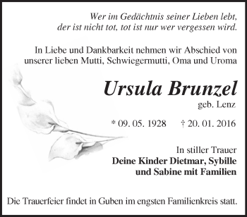 Traueranzeige von Ursula Brunzel von Märkische Oderzeitung