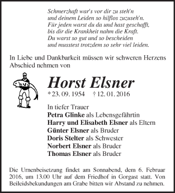 Traueranzeige von Horst Elsner von Märkische Oderzeitung