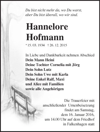 Traueranzeige von Hannelore Hannelore von Märkische Oderzeitung