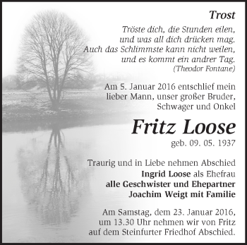 Traueranzeige von Fritz Loose von Märkische Oderzeitung