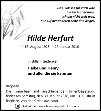 Traueranzeige von Hilde Herfurt von Märkische Oderzeitung