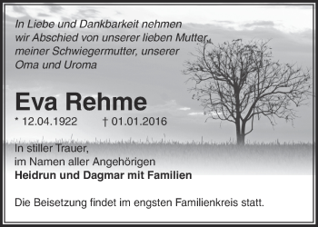 Traueranzeige von Eva Rehme von Märkische Oderzeitung