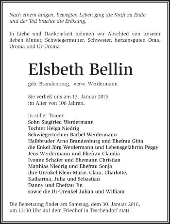 Traueranzeige von Elsbeth Bellin von Märkische Oderzeitung