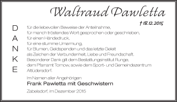 Traueranzeige von Waltraud Pawletta von Märkische Oderzeitung