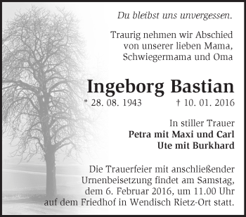 Traueranzeige von Ingeborg Bastian von Märkische Oderzeitung