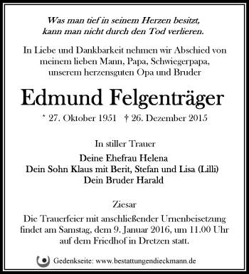 Traueranzeige von Edmund Felgenträger von Märkische Oderzeitung