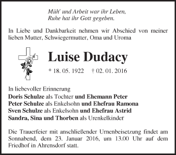 Traueranzeige von Luise Dudacy von Märkische Oderzeitung