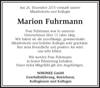 Traueranzeige von Marion Fuhrmann von Märkische Oderzeitung