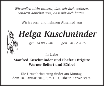 Traueranzeige von Helga Kuschminder von Märkische Oderzeitung