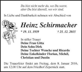 Traueranzeige von Heinz Schirmacher von Märkische Oderzeitung