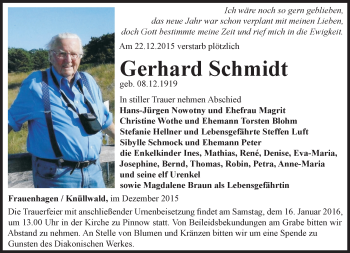 Traueranzeige von Gerhard Schmidt von Märkische Oderzeitung