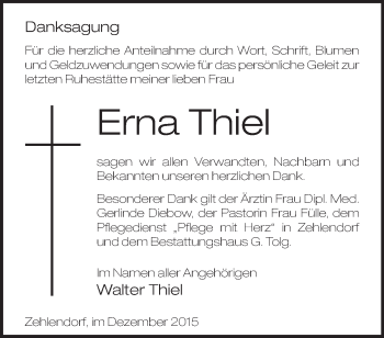 Traueranzeige von Erna Thiel von Märkische Oderzeitung