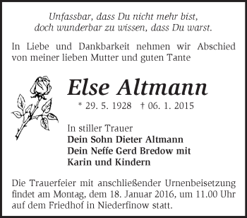 Traueranzeige von Else Altmann von Märkische Oderzeitung