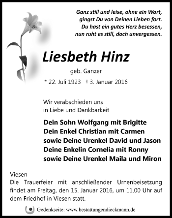 Traueranzeige von Liesbeth Hinz von Märkische Oderzeitung